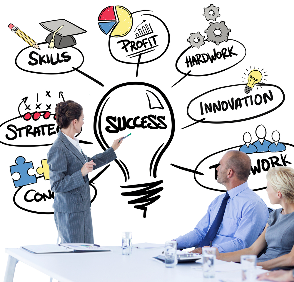 Business people looking at meeting board during conference against success doodle